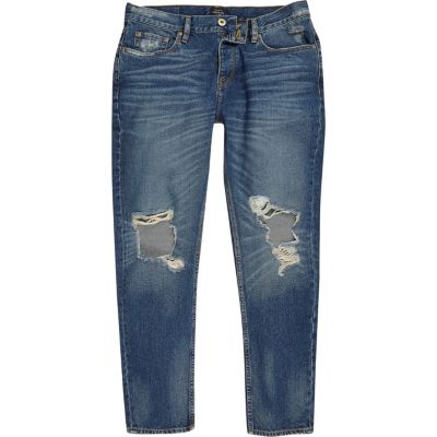 Dark blue wash ripped Jimmy tapered jeans